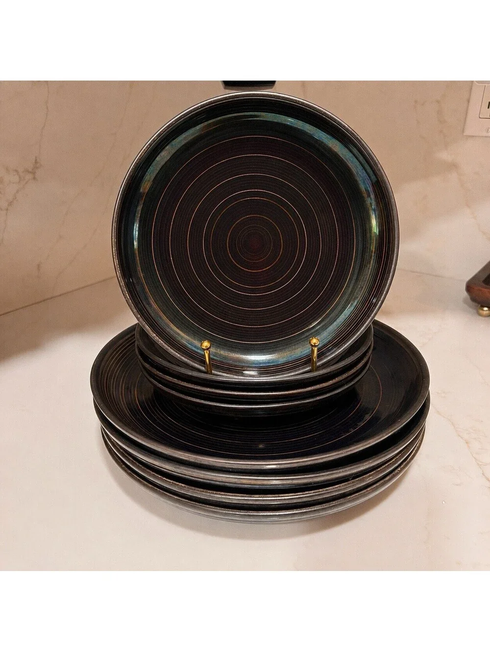 Sango Orbit Black Stoneware 4 Salad 4 Dinner Plates MCM Retro Style Boho Rustic